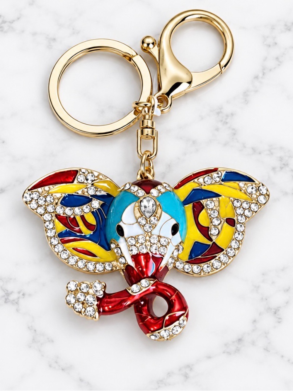 Gold-Tone-Multi Colored enamel Elephant Bag Charm/Keyring-White crystal accents